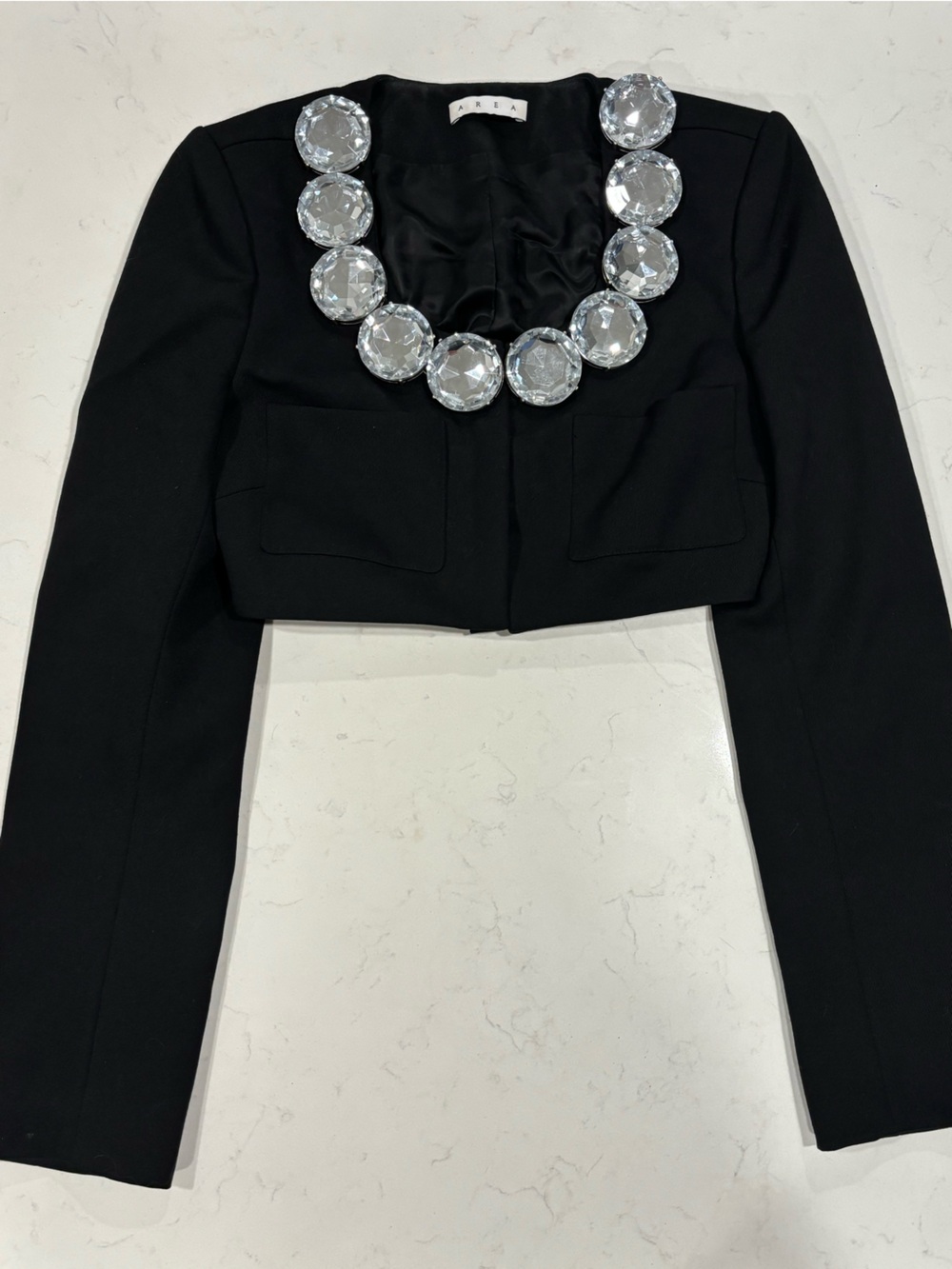 AREA Black Cropped Collarless Bolero with Oversized Crystals
